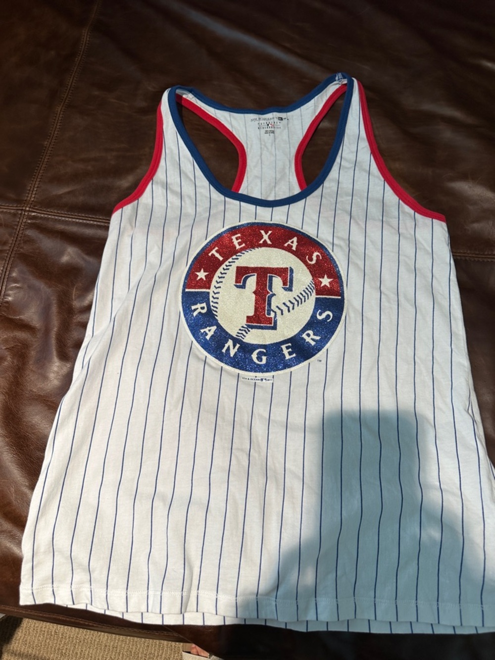 5th & Ocean White Pinstripe Texas Rangers Tank Top with Red & Blue Trim